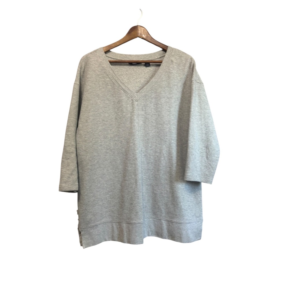 Lands End Waffle Knit Tunic Women M 10-12 Gray Excellent V-Neck 3/4 Sleeve Top